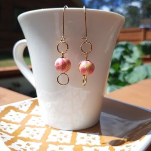 Yellow & Pink Floral Dangle Circle Earrings